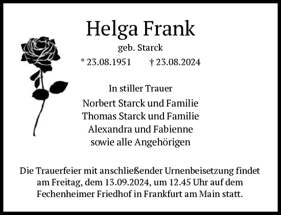 Traueranzeige von Helga Frank von FNP