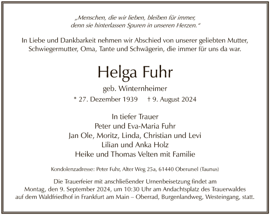 Traueranzeige von Helga Fuhr von FNP