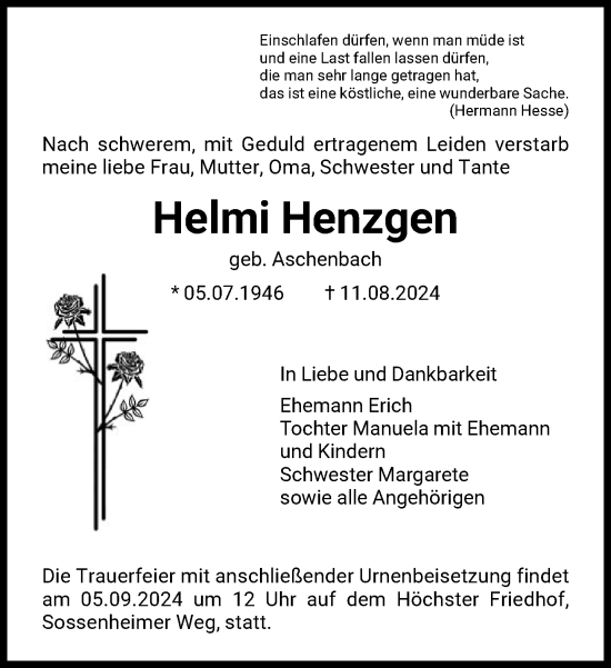 Traueranzeige von Helmi Henzgen von FNP