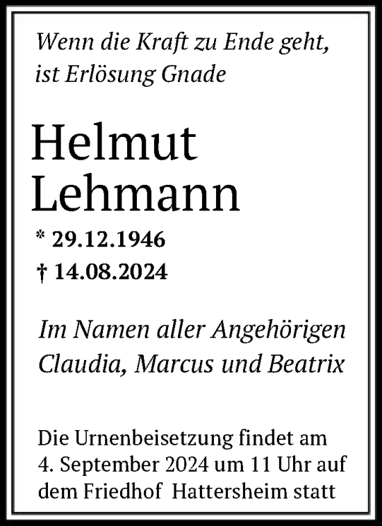 Traueranzeige von Helmut Lehmann von FNP