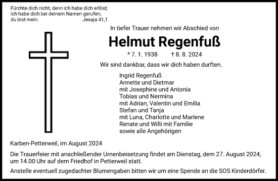 Traueranzeige von Helmut Regenfuß von FNP