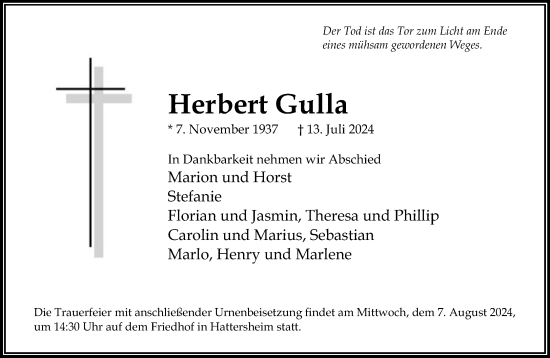 Traueranzeige von Herbert Gulla von FNP