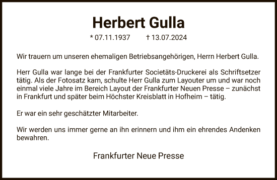 Traueranzeige von Herbert Gulla von FNP