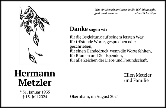 Traueranzeige von Hermann Metzler von FNP