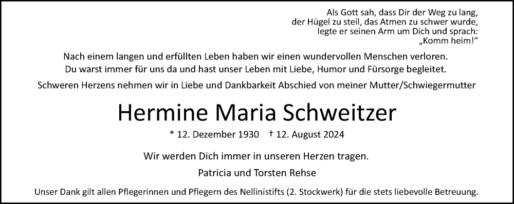  Traueranzeige für Hermine Maria Schweitzer vom 24.08.2024 aus FNP
