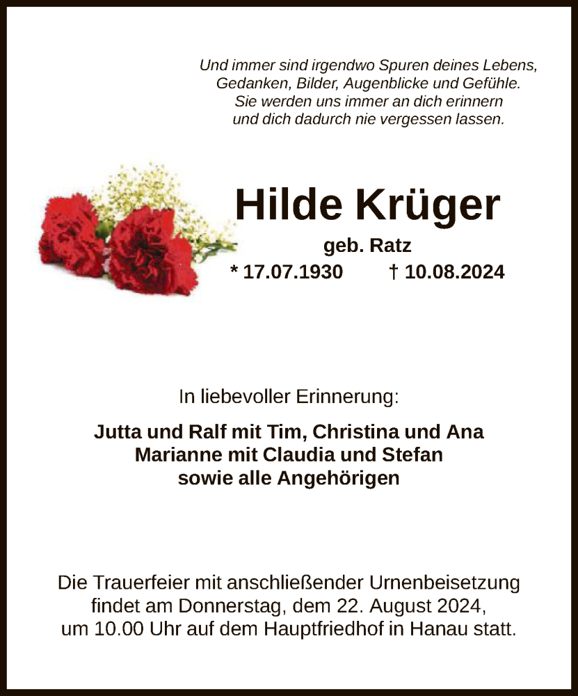  Traueranzeige für Hilde Krüger vom 17.08.2024 aus FNP