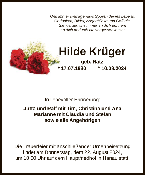Traueranzeige von Hilde Krüger von FNP