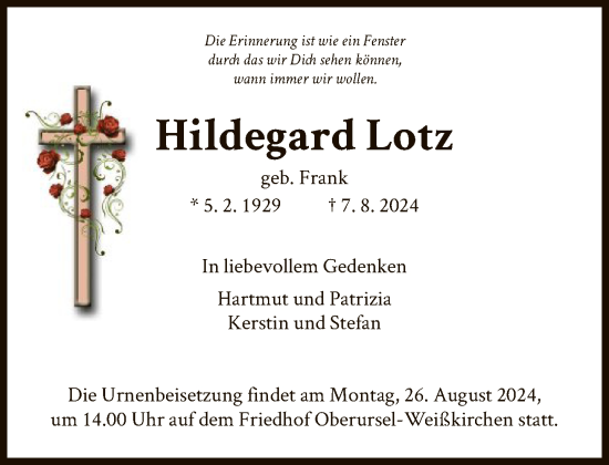 Traueranzeige von Hildegard Lotz von FNP