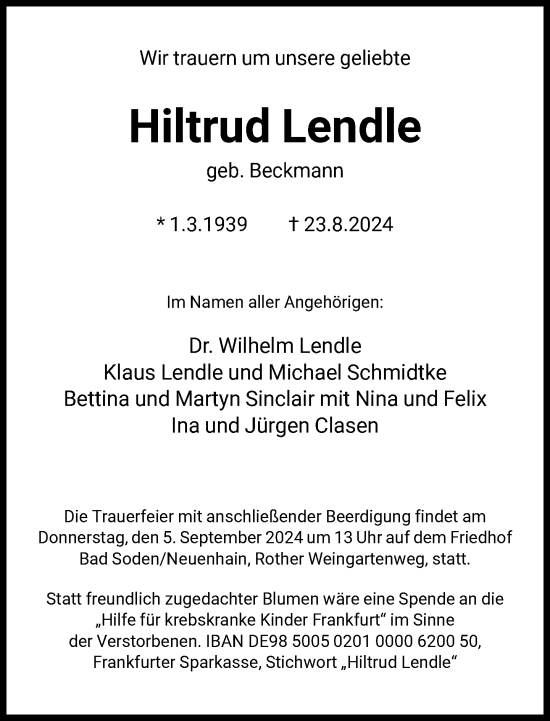 Traueranzeige von Hiltrud Lendle von FNP