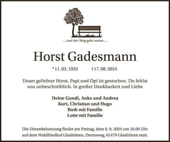 Traueranzeige von Horst Gadesmann von FNP