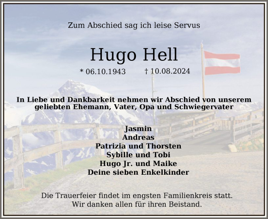 Traueranzeige von Hugo Hell von FNP