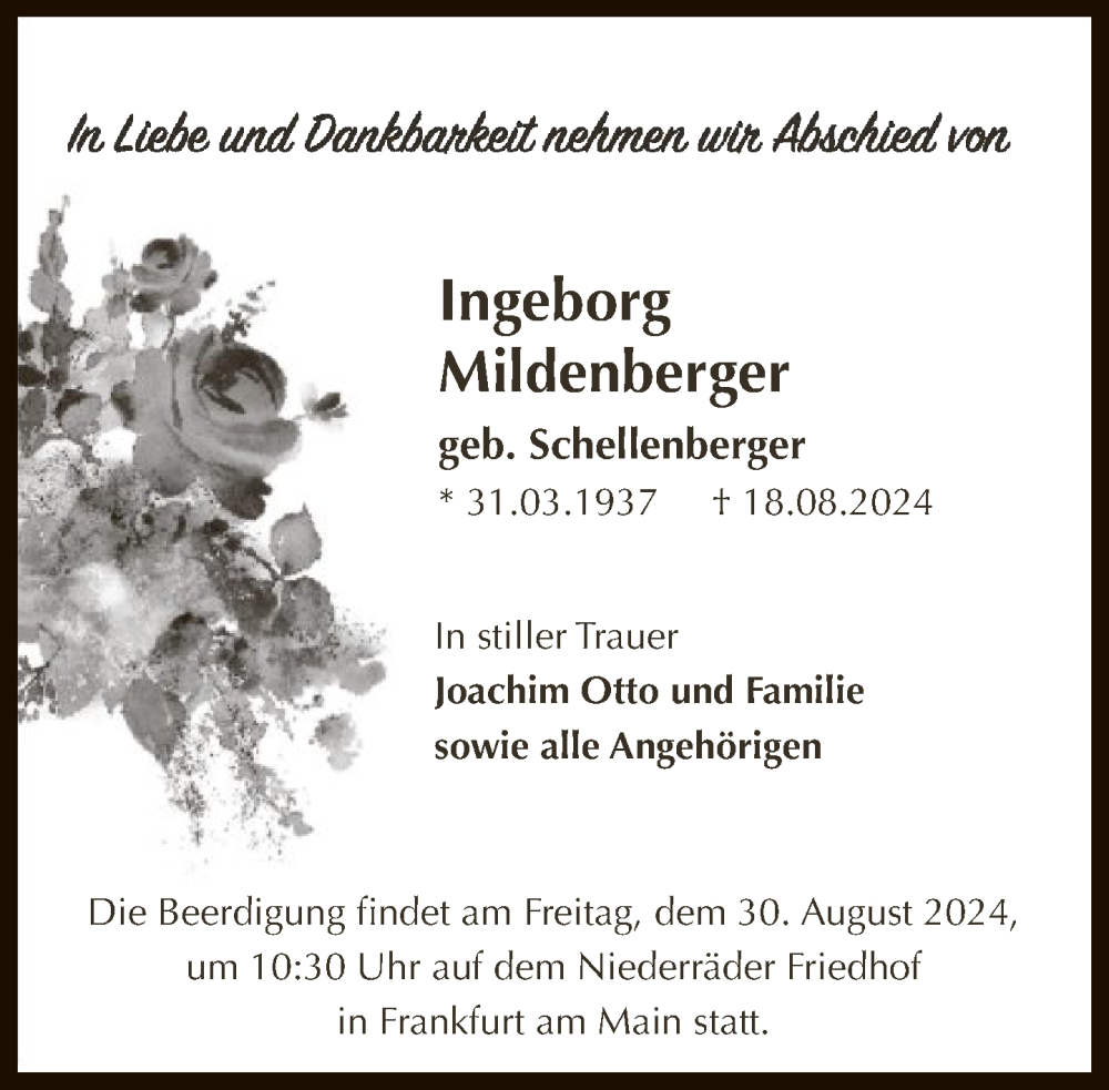  Traueranzeige für Ingeborg Mildenberger vom 27.08.2024 aus FNP
