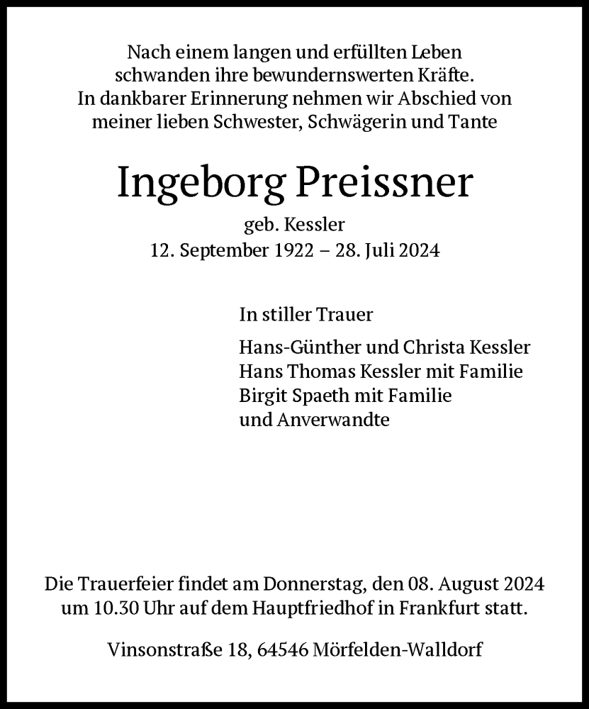  Traueranzeige für Ingeborg Preissner vom 03.08.2024 aus FNP