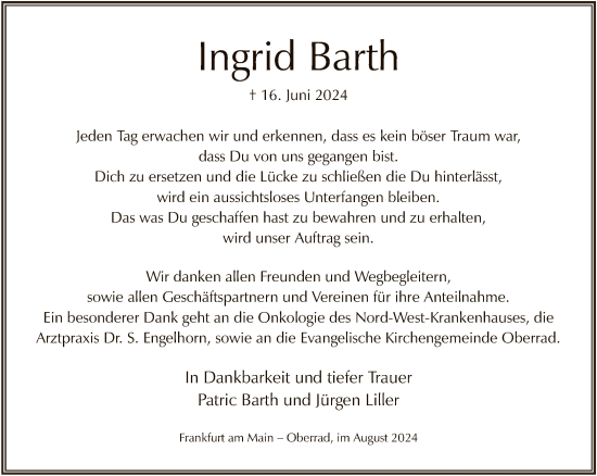 Traueranzeige von Ingrid Barth von FNP