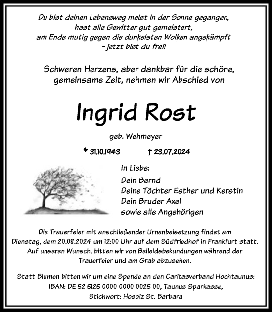 Traueranzeige von Ingrid Rost von FNP