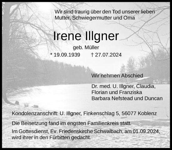 Traueranzeige von Irene Illgner von FNP