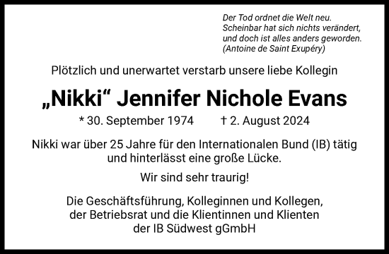 Traueranzeige von Jennifer Nichole Evans von FNP