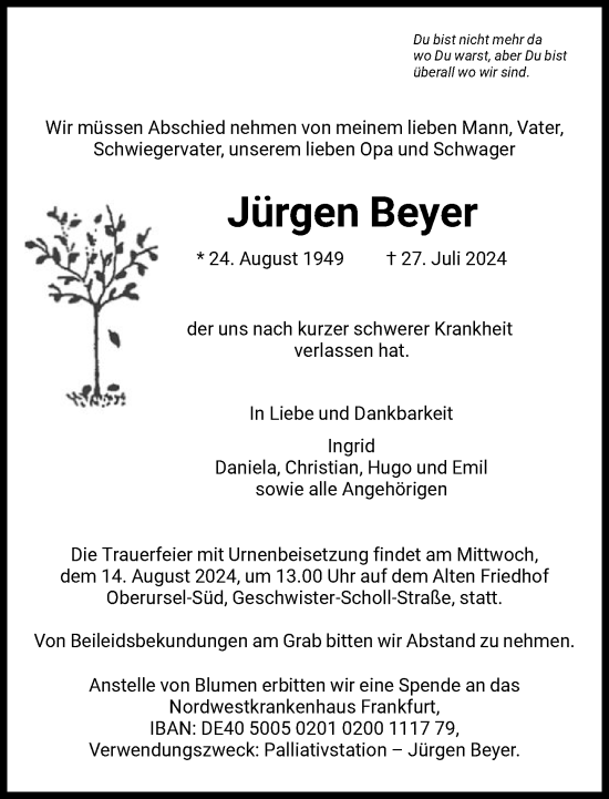 Traueranzeige von Jürgen Beyer von FNP