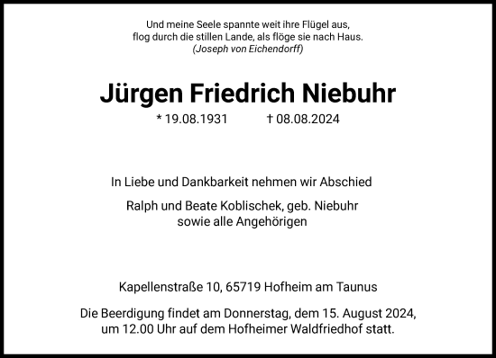 Traueranzeige von Jürgen Friedrich Niebuhr von FNP