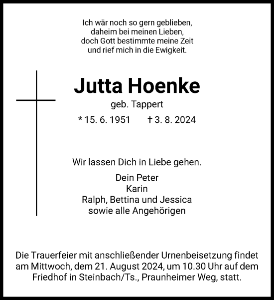 Traueranzeige von Jutta Hoenke von FNP