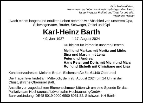 Traueranzeige von Karl-Heinz Barth von FNP