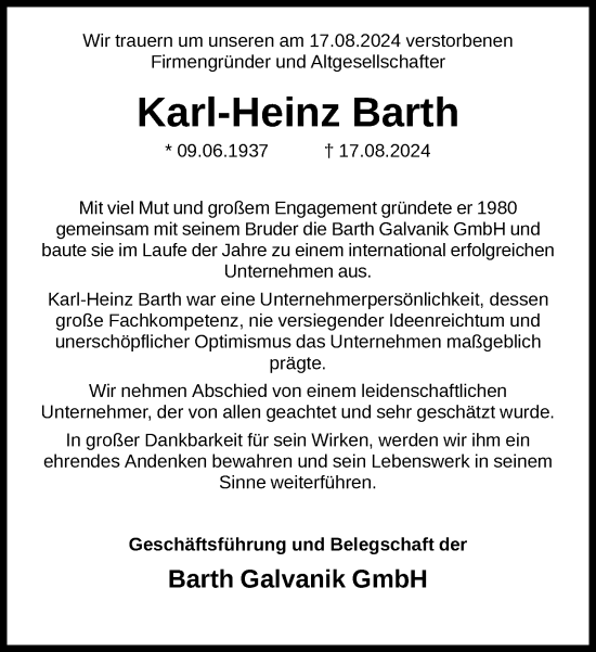 Traueranzeige von Karl-Heinz Barth von FNP