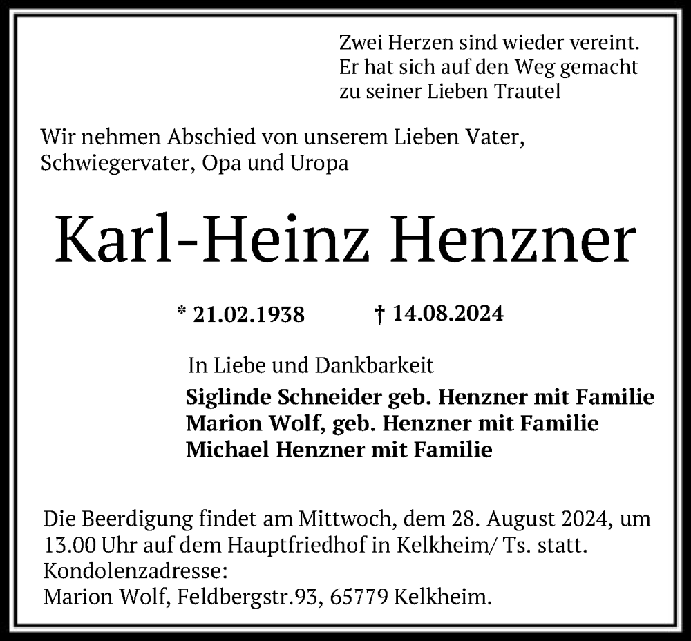 Traueranzeige für Karl-Heinz Henzner vom 24.08.2024 aus FNP