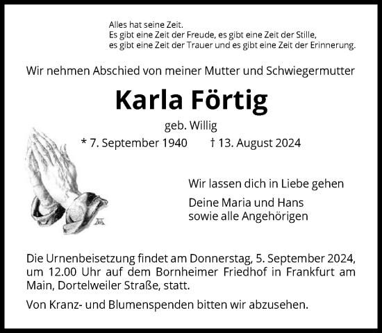 Traueranzeige von Karla Förtig von FNP