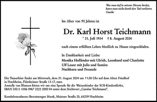 Traueranzeige von Karl Horst Teichmann von FNP