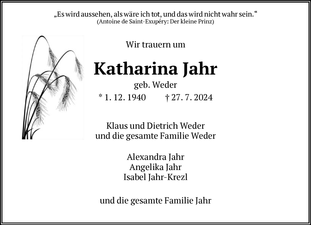  Traueranzeige für Katharina Jahr vom 03.08.2024 aus FNP