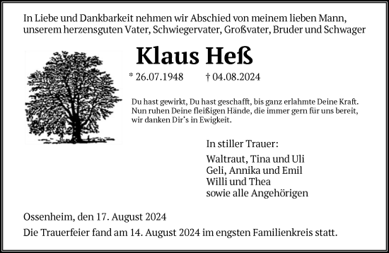 Traueranzeige von Klaus Heß von FNP