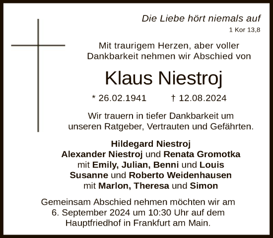Traueranzeige von Klaus Niestroj von FNP