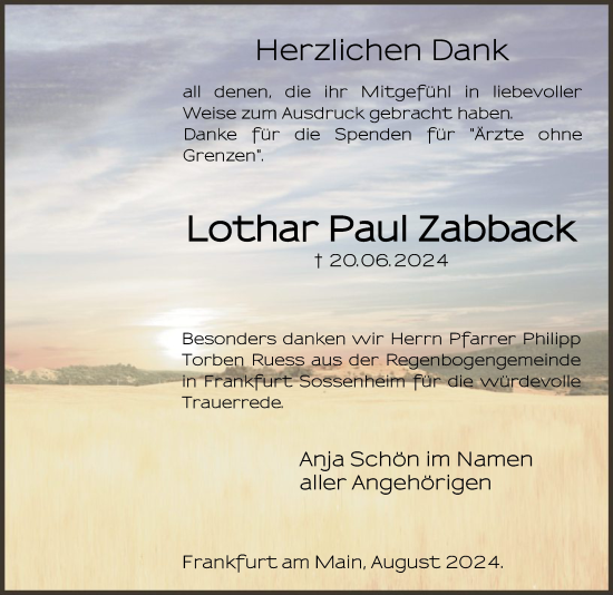 Traueranzeige von Lothar Paul Zabback von FNP