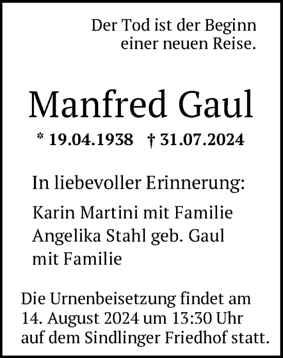 Traueranzeige von Manfred Gaul von FNP