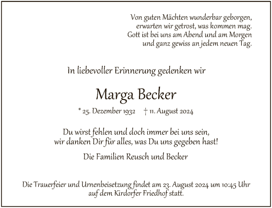Traueranzeige von Marga Becker von FNP