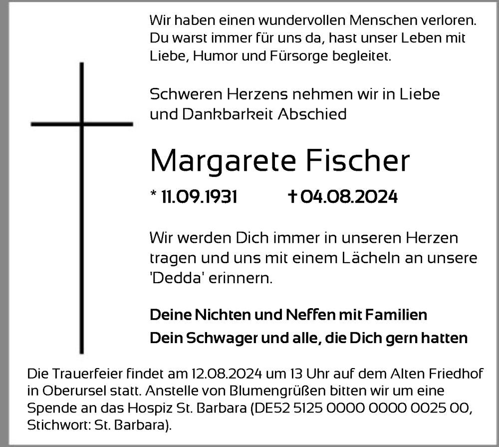  Traueranzeige für Margarete Fischer vom 10.08.2024 aus FNP