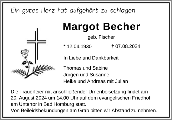 Traueranzeige von Margot Becher von FNP