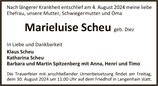 Traueranzeige von Marieluise Scheu von FNP