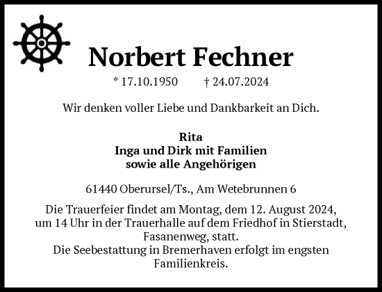 Traueranzeige von Norbert Fechner von FNP