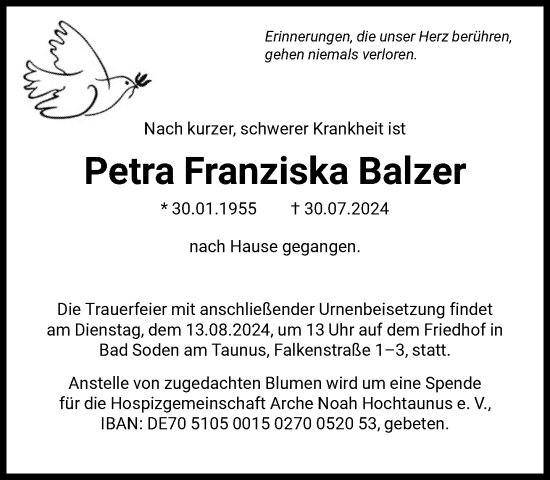 Traueranzeige von Petra Franziska Balzer von FNP