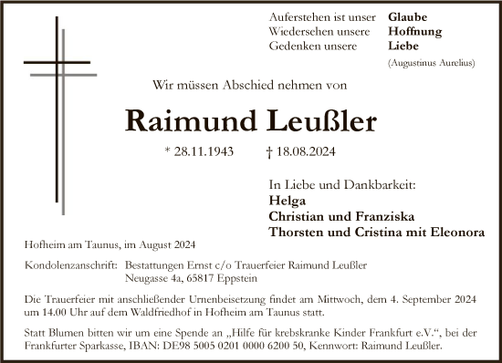 Traueranzeige von Raimund Leußler von FNP