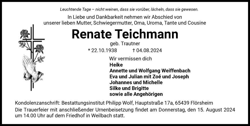  Traueranzeige für Renate Teichmann vom 10.08.2024 aus FNP