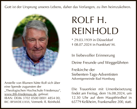 Traueranzeige von Rolf Reinhold von FNP