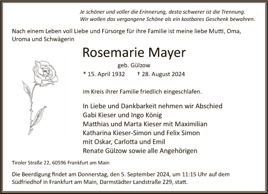 Traueranzeige von Rosemarie Mayer von FNP