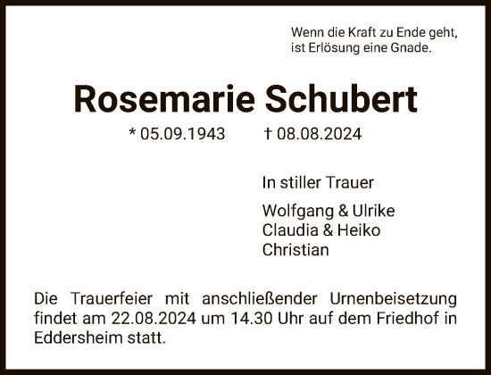 Traueranzeige von Rosemarie Schubert von FNP