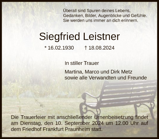 Traueranzeige von Siegfried Leistner von FNP