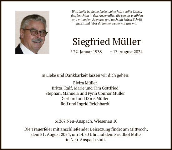 Traueranzeige von Siegfried Müller von FNP