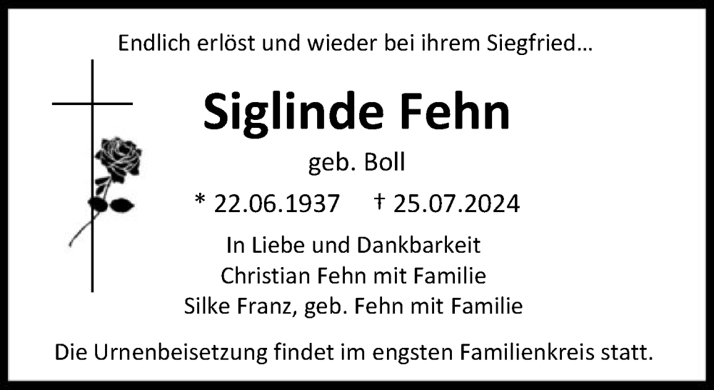  Traueranzeige für Siglinde Fehn vom 03.08.2024 aus FNP