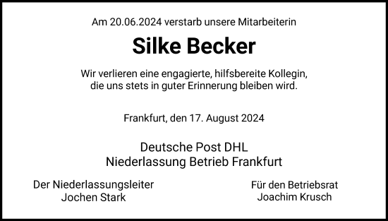 Traueranzeige von Silke Becker von FNP