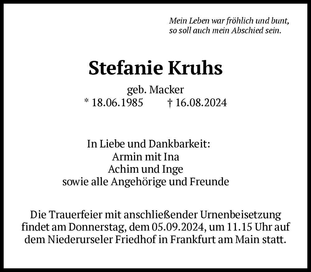  Traueranzeige für Stefanie Kruhs vom 28.08.2024 aus FNP